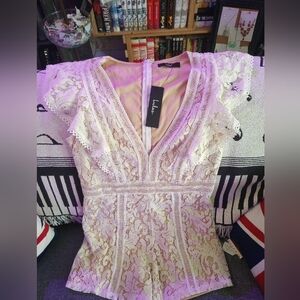 Lulus Lace Dress in Cream and Pink